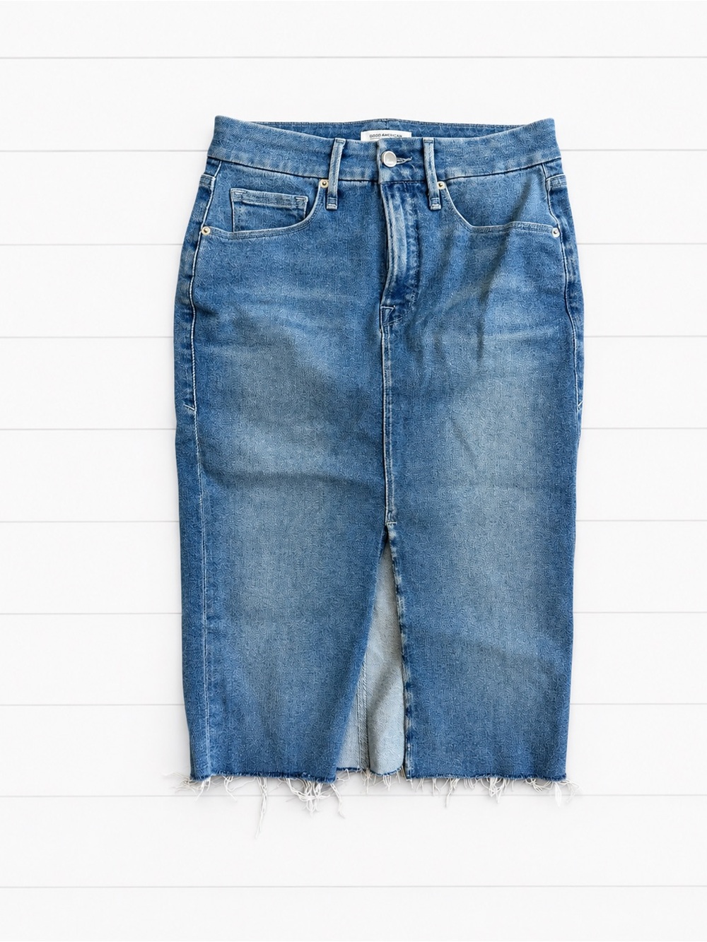 Good American Mid-Rise Blue Denim Midi Skirt with Front Slit